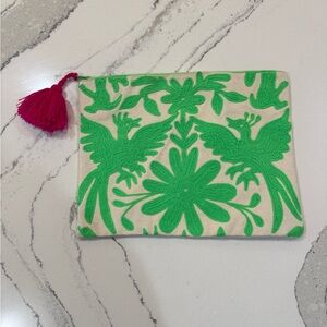 Green Embroidered Clutch with Pink Tassel